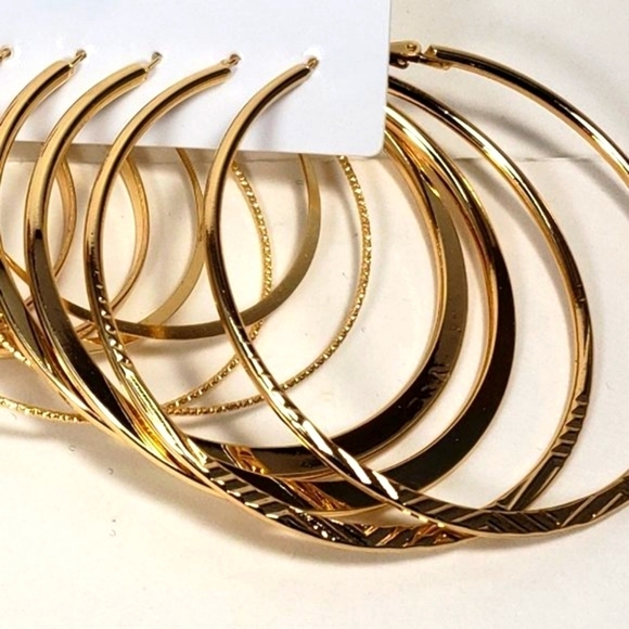 Set of 6 Pairs Polished Textured Gold tone Hoop Teardrop Earrings - Picture 3 of 8